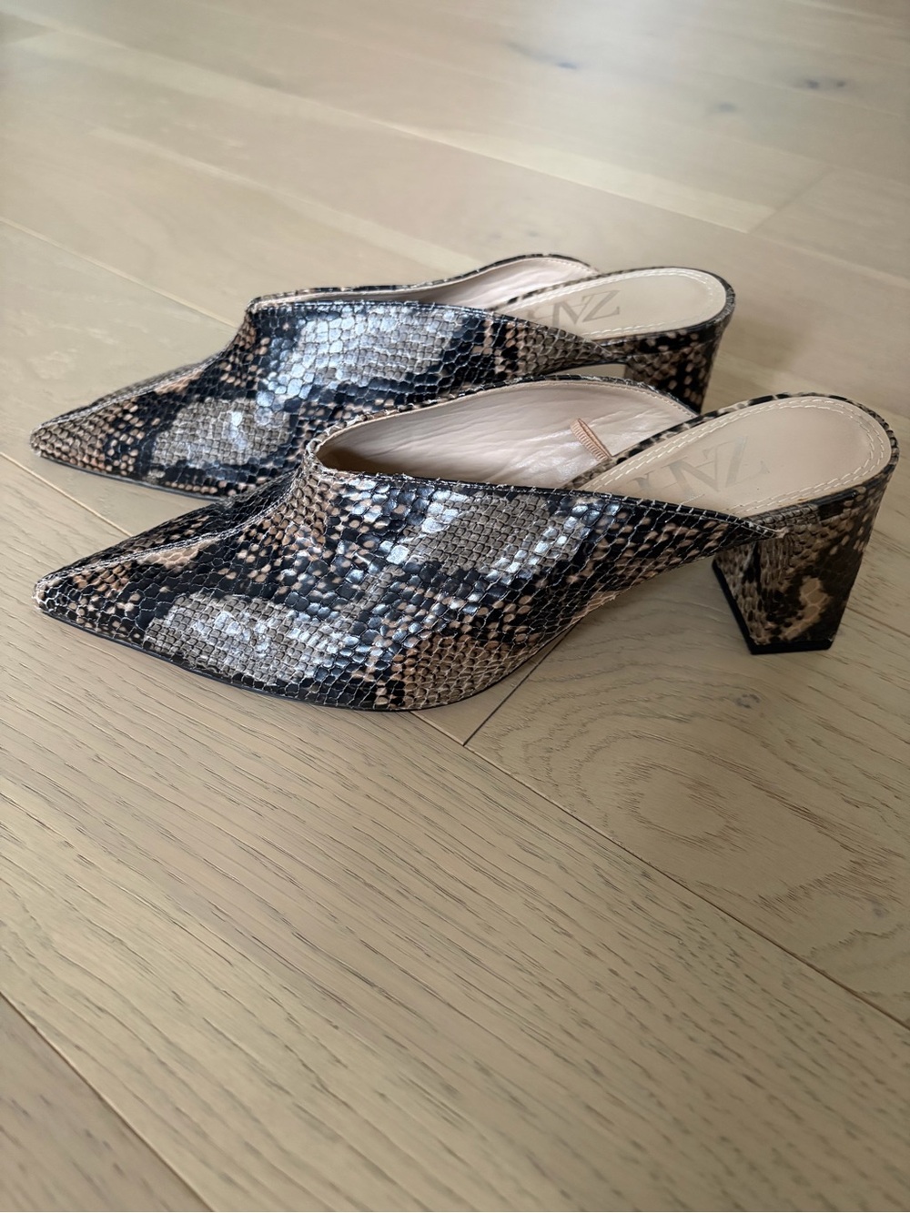 Zara Snake-Print Pointed Mule Heels - Black & Brown